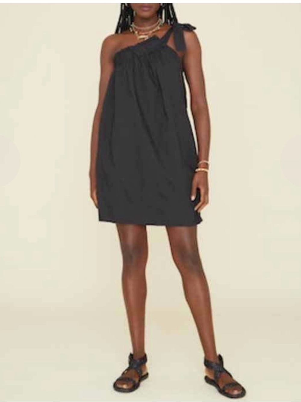 Xírena Saskia One Shoulder Tie Black Cotton Mini Dress L NWT - Picture 2 of 14